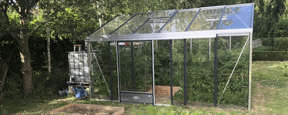 Serre Supra LAMS en aluminium naturel avec des cultures à l’intérieur et des carrés potagers au premier plan.